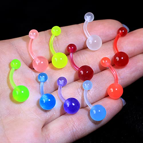 CM Crareesi Mania 10Pieces Belly Button Rings Glow in The Dark Belly Rings 14G Banana Barbells Colorful Navel Piercing Jewellery Navel Bars4