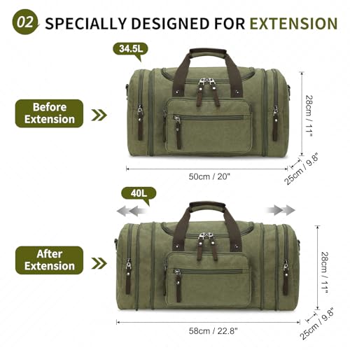 Expandable Canvas Duffel 50cm-58cm, Sturdy Zipper and Reinforced Handles, Lightweight Carry-On Weekender Bag for 3-5 Day Trips, Green3