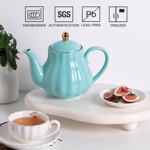 Image of Sweejar Royal Teapot, Ceramic Tea Pot with Removable Stainless Steel Infuser, Blooming & Loose Leaf Teapot - 40 Ounce (Turquoise)