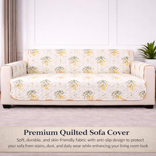 Image of STITCHNEST 'Double Vie Collection Series' Cotton Quilted Reversible Sofa Cover 1 Seater with Arm Rest and Pocket | Size 24x60 Inch