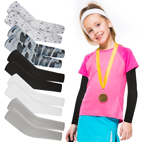 5 Pairs Kids Arm Sleeves, UV Sun Protection Arm Sleeves for Men Women UPF 50 Compression Cooling Sleeve Outdoor Sport Breathable Elastic Ice Sleeve to Cover Arms for Youth Boys Girls Sports