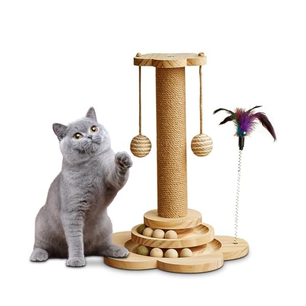 Katzenkratzbaum,Kratzbaum Klein mit Hängenden Ball & Feder für Katzen,Kratzbaum Katze mit 40cm-hoher Kratzsäule,3-in-1 Interaktives Katzenspielzeug Ausgestattet mit 2-lagigem Rollendrehteller