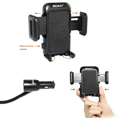 SOAIY 3-in-1 Cigarette Lighter Car Mount + Voltage Detector (Not for Center Console & Window), Dual USB 3.1A Charger with Adjust Gooseneck & 360° Rotating Car Mount Cradle for 1.7-3.7inch Width Phones