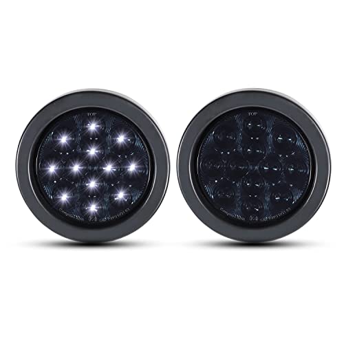 Meerkatt Tail Light 4 Inch Round Smoked Lens White 12 LED Flush Mount Flex F3 Reverse Back-up Indicator Lights Universal for Truck Trailer 12v DC w/Plug & Grommet.