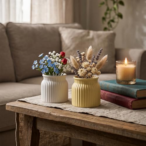 Image of TrustBasket Sereno Decorative Plastic Flower Vase Set White & Yellow, Modern Table Top Home Decor Accent for Living Room Bedroom, Office, Compact Minimalist Durable Vase Set of 2