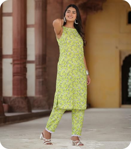 Greciilooks Women Rayon A-Line Regular Fit Kurta Set (Yellow, X-Large)