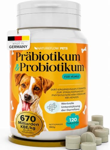 Natureflow Pets - Probiotika Hund - Darmkur bei Durchfall, Blähungen & Sodbrennen - Darmflora aufbauen & Magen-Darm stärken Präbiotika für Hunde - Magenschutz & Darmwohl mit Präbio
