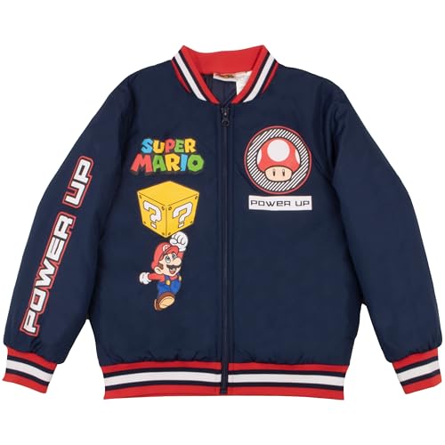 Nintendo Super Mario Bros Boys Varsity Bomber Jackets Zip-Up Mario Luigi and Bowser Graphic Print Jacket for Kids Casual Fashion Coats (Dark Blue Size 8)