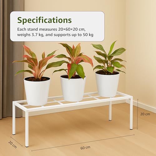 Image of Amazon Brand - Solimo Metal Plant Stand (Set of 4, White) - Powder-Coated Iron, Heavy-Duty, Corrosion-Resistant, Indoor & Outdoor Use, 20x60x20 cm, Holds up to 50 kg