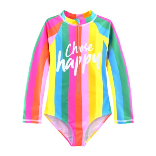 Image of Girls One Piece Swimsuit Long Sleeve Rash Guard UPF 50+ Age 2-12Y | UPF 50+ Sun Protection,Quick Dry,Front Zipper,Bright colorful ,Great for beach pool Play,Little Kids Bathing Suits