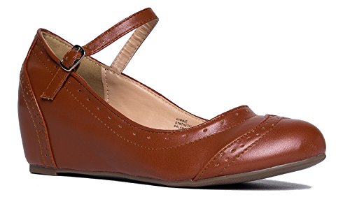 J. Adams Minnie Mary Jane - Retro Round Toe Ankle Strap Wedge - Vintage Oxford