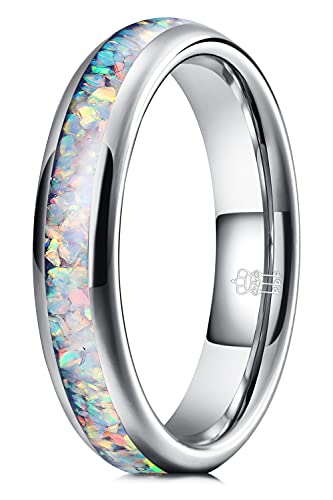THREE KEYS JEWELRY Tungsten Rings for Women Wedding Band with Opal Stone Foils Inlay Unisex Engagement Ring Domed Polish