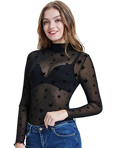Kate Kasin Women's Mesh Shirt Sheer Blouse High Neck Long Sleeve See Through Tops Tee (Black,M)