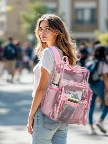 Image of Clear Backpack for School, Heavy Duty Transparent Bookbag | Reinforced Biuld, 0.5mm Thick PVC, Padded Straps, 6 Pockets, Fits Boys /Girls /Adults, for College Work Travel