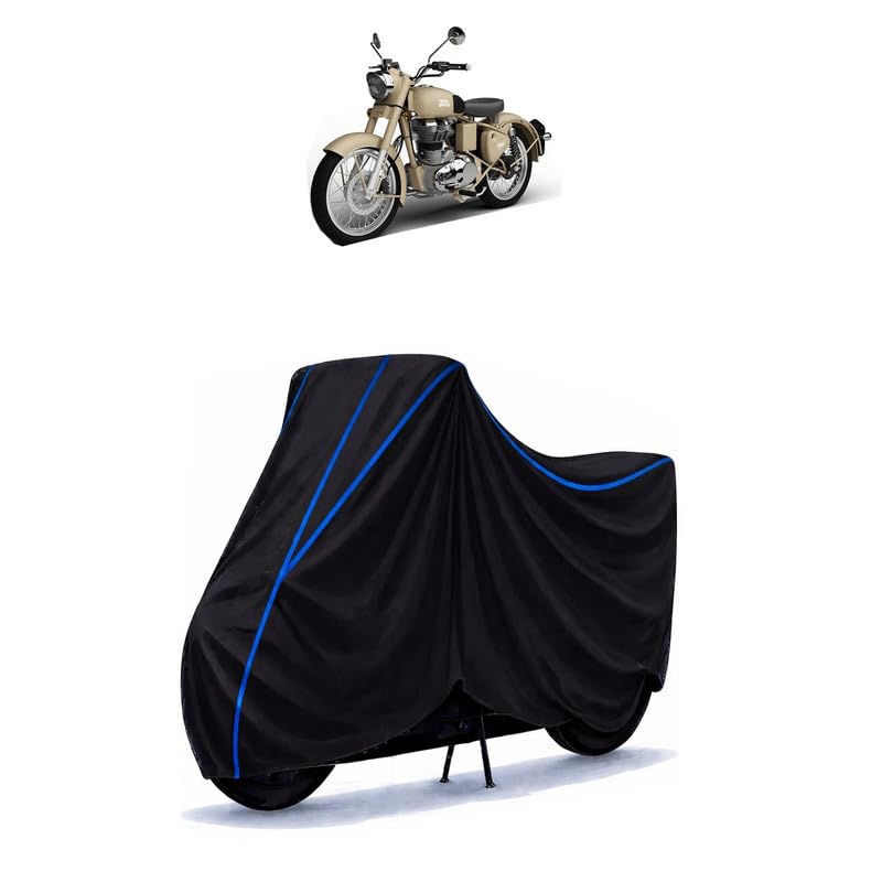 Image of Classic Desert Storm Bike Cover Water Resistant Universal Motorcycle Rain | Heavy Duty UV Protection, Dust, Scratch Indoor Outdoor All Weather with Black Blue Piping Elastic