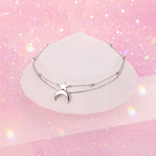 Flyow Star And Moon Layered Anklet 925 Sterling Silver For Women Girls Adjustable Beads Ankle Bracelet Crescent Boho Beach Foot Chain 10 11 Inch Charm Jewelry Birthday Gifts (Star & Moon 10+1) #TOP1