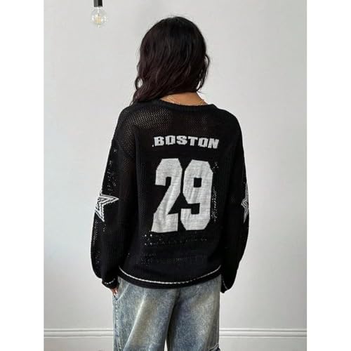 Women's Number Graphic Sweater Hollow Out V Neck Pullover Y2K Jersey Long Sleeve Oversized Knit Tops Vintage Streetwear3