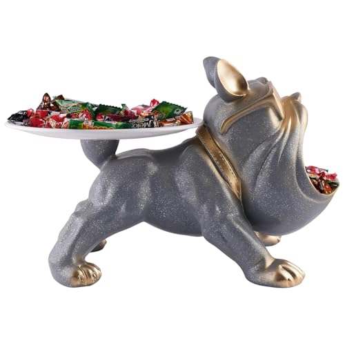 Image of Cool Bulldog Key Bowl & Accessory Tray - Matte Black & Gold Resin Dog Sculpture Multifunctional Organizer Showpiece for Keys Watches & Candy (Grey with Sprinkles, Dog with Tail Plate)