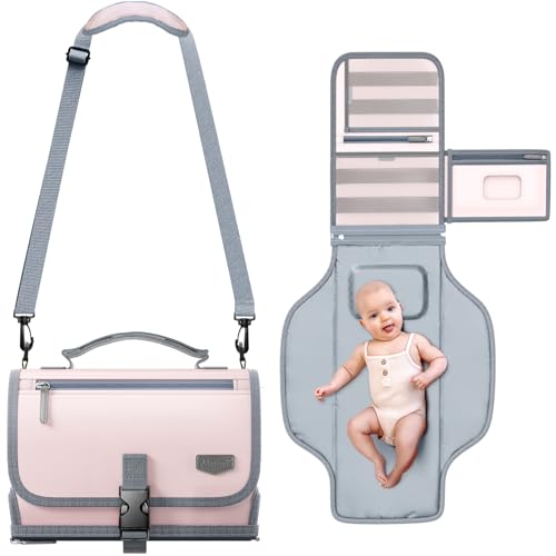 Image of Portable Diaper Changing Pad with Shoulder Strap, Detachable Travel Changing Pad with Baby Wipes Pocket, Gifts for Baby Shower, Newborn Girls and Boys (Pink)