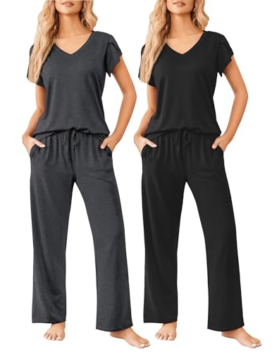 Image of Ekouaer 2 Pack Womens Pajamas Short Sleeve Sleepwear Top with Pants Super-Soft Printed Lounge Sets S-XXL