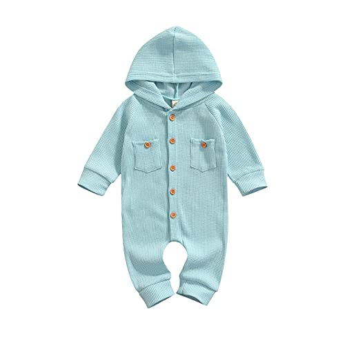 Image of Ynibbim Winter Newborn Baby Boy Girl Solid Romper Unisex Infants Hooded Outfit Clothes Waffle Cotton Button Jumpsuits