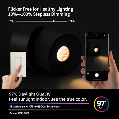 Image of Aisilan 7W Dimmable LED Ceiling Spotlight, Adjustable Directional Surface Flush Mount Lighting, Wall Spot Lights Indoor Accent Fixture Fitting for Kitchen Bedroom Living Room, 3000K, Black, 4 Pack