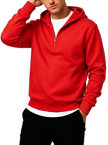TUVEKE Red Mens Quarter Zip Hoodies Pullover Hoodie Seam Pocket Half Zip Long Sleeve Casual Fleece Hooded Sweatshirt for Men M