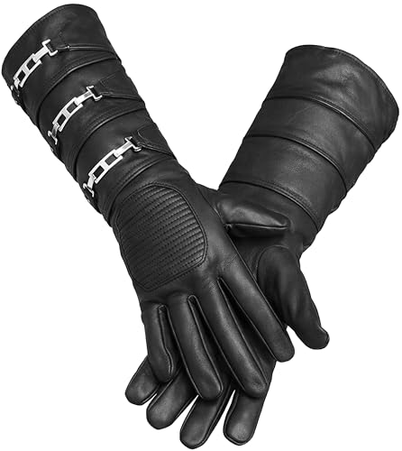 Image of URBAN BUCK Real Sheepskin Leather Sky Gauntlet Costume Glove - Regular Fit Long Arm Cuff Mens Unlined Cosplay Gloves