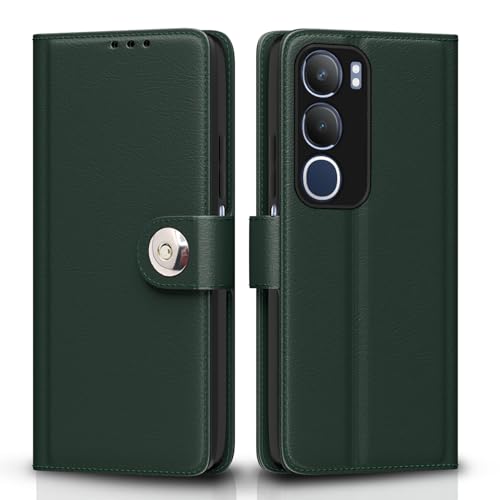 Image of Pikkme Flip Cover Leather Finish | Inside TPU with Card Pockets | Wallet Stand and Shock Proof | Complete Protection Button Flip Case for Vivo Y19s(Green)