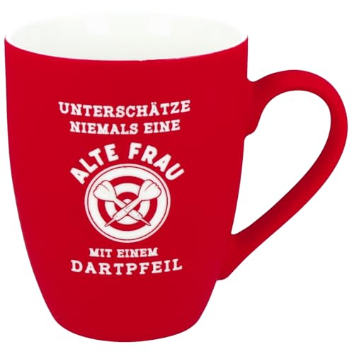 Spruchreif Tazza morbida al tatto con incisione su entrambi i lati, tazza per freccette, regalo con freccette, vecchia donna con freccette, 350 ml