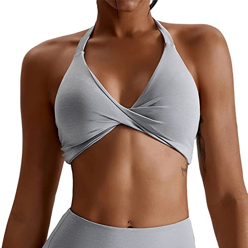 Women Seamless Workout Sports Bra Sexy Twist Front Open Back Yoga Bra Halter Cropped Tops Low Impact V Neck Training Bra #TOP17
