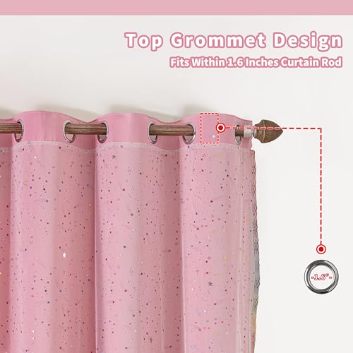Image of 52x63 2-in-1 Double-Layer Kids & Girls Unicorn Princess Blackout Curtains with Foil Print Sheer, 2 Panels Set - Pure Pink