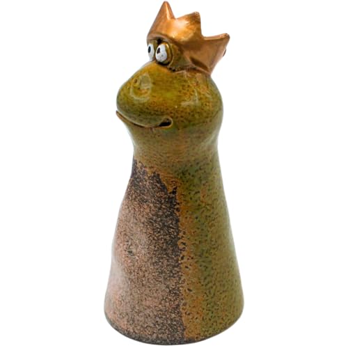 Keramik Zaunstecker, Zaunhocker, Zaunfigur, Gartenfigur, Gartendeko, Dekofigur Zaun, Figur für Gartenzaun als Froschkönig Zaunhocker Froschkönig aus Steingut in grün, L/B/H 8 x 8 x 18 cm.