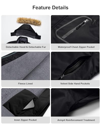 Image of Pursky Men's Waterproof Ski Jacket Winter Snow Coats Fur Hooded Raincoats Parka