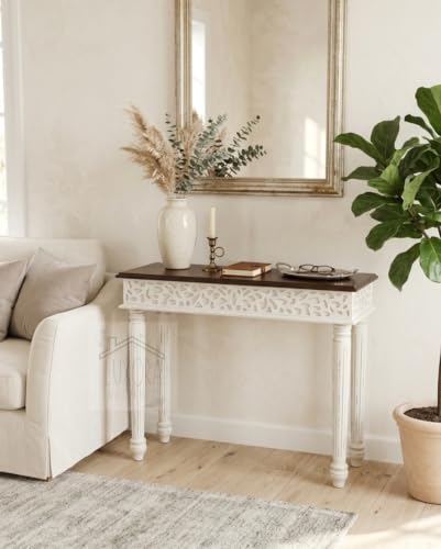 Image of Solid Wood Side Tables Console Sofa Tables End Table /Coffee Snack Console Table for Living Room, Hallway (Anique White&Walnut Brown)
