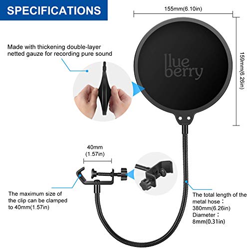 Image of blueberry Microphone Pop Filter For ALL Professional Microphone Dual Layered Wind Pop Screen With Flexible 360 Gooseneck Clip Stabilizing Arm