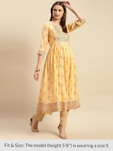 Image of rangita Yellow Viscose Blend Calf Length Embroidered Flared Kurti for Women | Kurta for Women