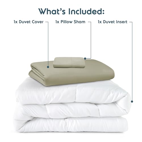 Nestl Twin Duvet Cover Set with Comforter Insert - Light Sage 3 Piece 68x90 Duvet Cover & 1 Pillow Sham with White Quilted Down Alternative Comforter, Ultra Soft, All Season
