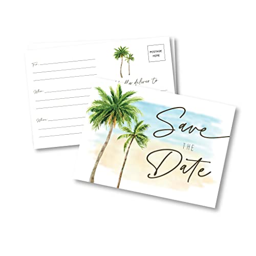 Your Main Event Prints Beach Palm Tree Wedding Save The Date Cards - 50 Pack Standard Postcard Size - Add Postage, Address, and Send - No Envelopes Needed