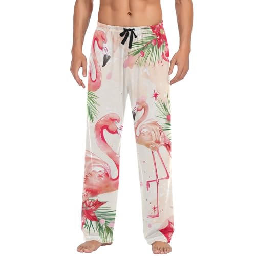 Xmas Flamingo Florals Pajama Pants for Men Comfort Sleep Lounge Bottoms Straight-fit with Pockets S-XXL