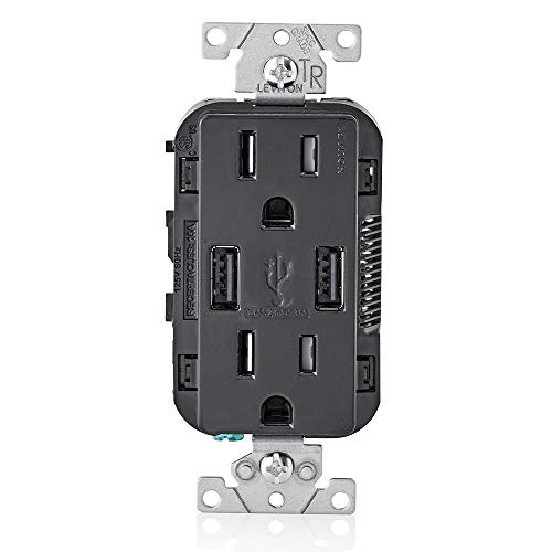 Leviton T5632-E Type-A USB in-Wall Charger with 15A Tamper-Resistant Outlet, USB Charger for Smartphones Black