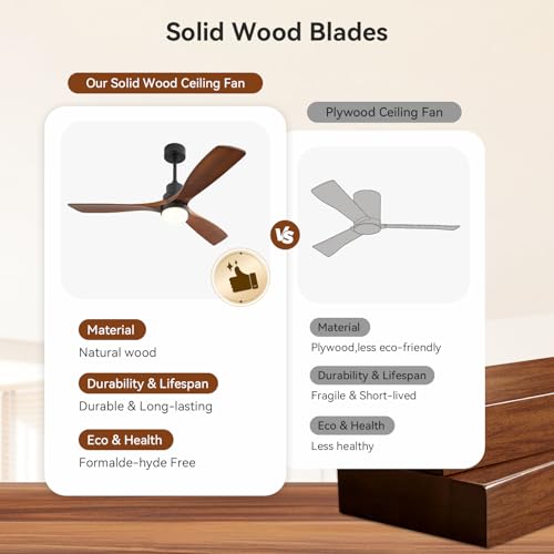 Image of Sofucor 52 Inch Solid Wood Ceiling Fans With Lights, Low Profile Ceiling Fan with Light and Remote, Reversible Quiet DC Motor, Indoor /Outdoor 3 Blade Ceiling Fan Light for Bedroom Farmhouse Patio