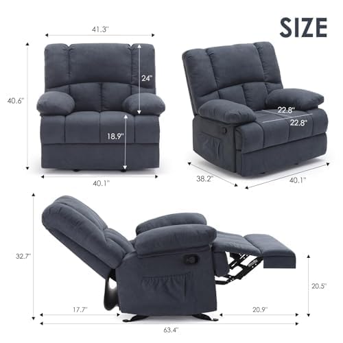 Image of Oversized Rocker Recliner Chair, Wide Rocker Chair with Adjustable Backrest Footrest, Lazy Boy Oversized Recliner for Adults, Reclining Sofa for Living Room, Reading, Bedroom, Blue Black