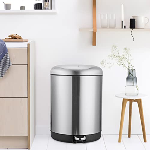 Image of Dual Trash Can, 2 x 4 Gal Garbage Can, 2 Compartments, Steel Pedal, Plastic Inner Buckets and Soft-Close Lid, Round Stainless Steel Hands-Free Kitchen Recycle Bin