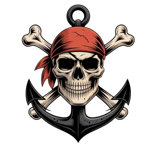 Pegatina Calavera Pirata – Sticker Cráneo con Ancla y Pañuelo Rojo | Vinilo Adhesivo Resistente Agua y Sol | Decoración para Coche, Moto, Portátil, Barco | Estilo Piratería Náutica (9 x 11,5 cm)