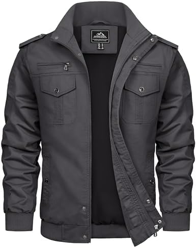 TACVASEN Herren Übergangsjacke Frühlingsjacke Stehkragen Cargo Jacke Militär Baumwolle Arbeitsjacke mit Vielen Taschen