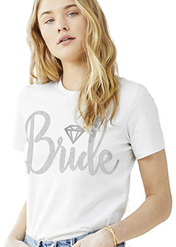 Bride Tees for Women - Rhinestone Diamond Bride T-Shirt - Bride T-Shirt for Wedding - Large - White Tee(DiamBrd RS) Wht/Lrg