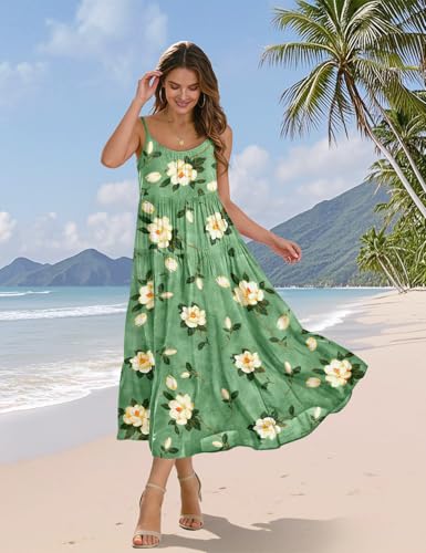 Image of YESNO Summer Bohemian Floral Dresses for Women Spaghetti Straps Maxi Dress Casual Flowy Dresses with Pockets ES0