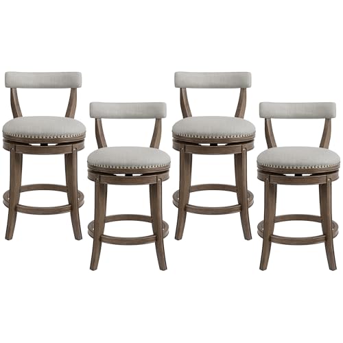 Image of ROME + OAK Ruxban 26 inch Counter Stool, Set of 4 Low Back Swivel Barstools in Weathered Oak Finish with Sand Fabric Upholstery Seat - Indoor Home Furniture