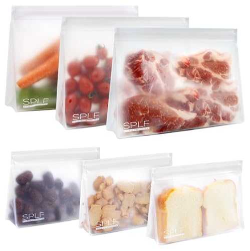 SPLF 6 Pack Dishwasher Safe Reusable Freezer Bags, Reusable Food Bags, BPA FREE Ziplock Bags Stand Up Extra Thick Leakproof Silicone and Plastic Free Zipper Sandwich Snack Lunch Bags